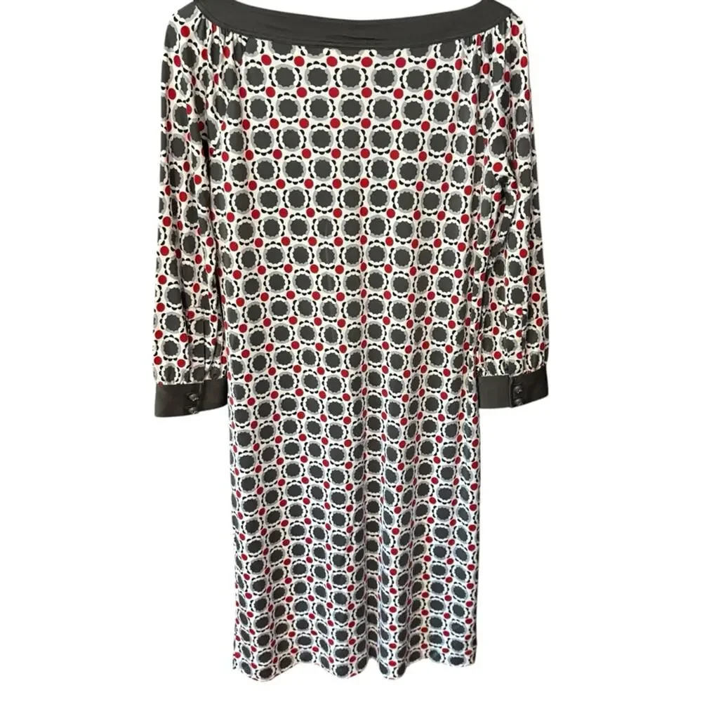 Tory Burch 100% Silk Geometric‎ Print Dress Sz M Mod Shift Style Long Sleeve